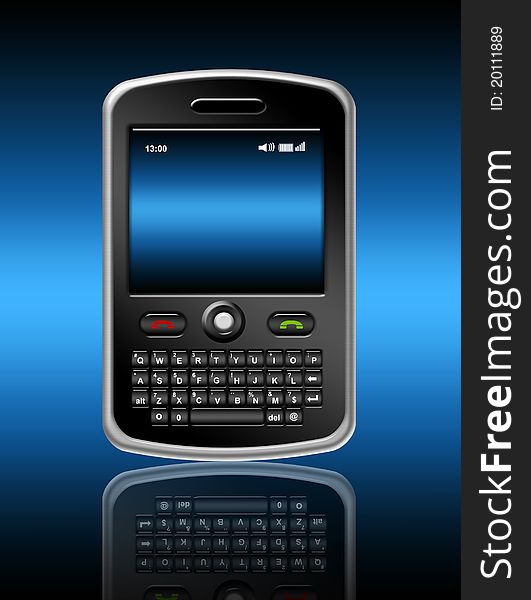 Black cellphone illustration with reflection over blue background