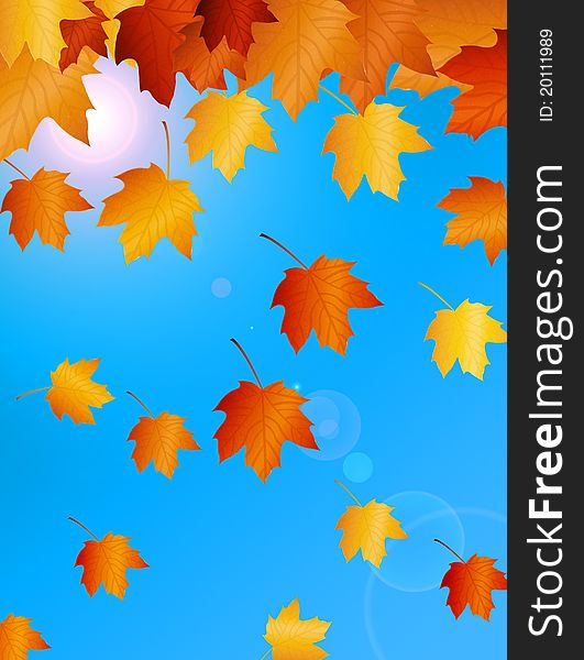Brown autumn leafs over sky with sun.illustration. Brown autumn leafs over sky with sun.illustration