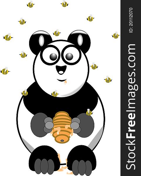 Swarm of bees overhead a panda eating honey with hive in paws on white. Swarm of bees overhead a panda eating honey with hive in paws on white