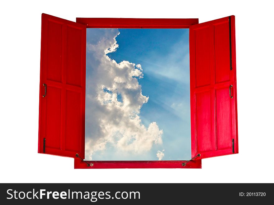 Red wood opened window found sky and cloud