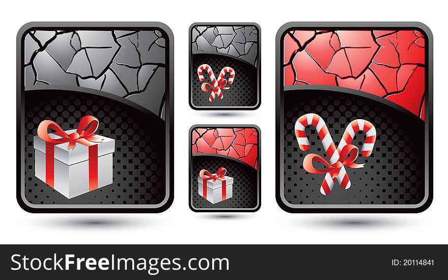 Wrapped boxes and candy canes on red and gray cracked backgrounds. Wrapped boxes and candy canes on red and gray cracked backgrounds