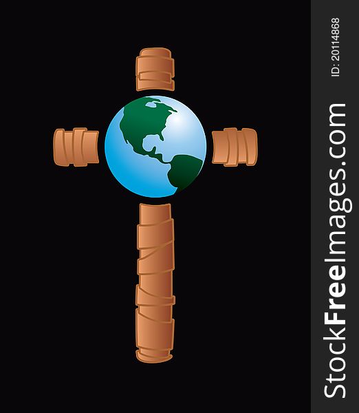 Wooden cross with a globe in the middle on black background. Wooden cross with a globe in the middle on black background