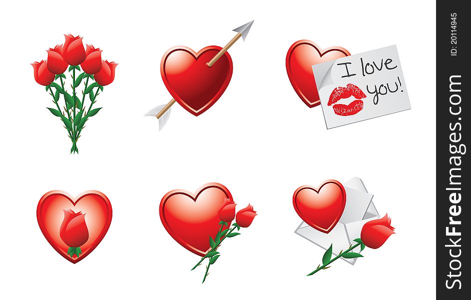 White background with roses, hearts, and love letters. White background with roses, hearts, and love letters