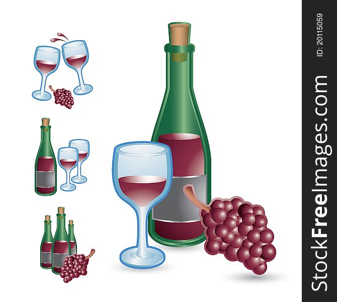 Grapes, wine bottles, and glasses on white background. Grapes, wine bottles, and glasses on white background