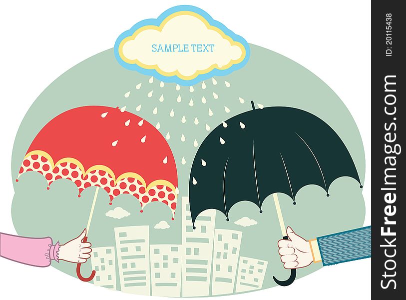 Hands holding umbrellas in raining day.Vector retro colored image for text