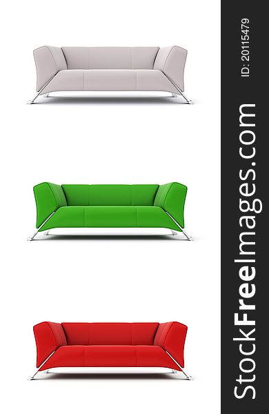 Isolated 3d red, green and white sofas. Isolated 3d red, green and white sofas.