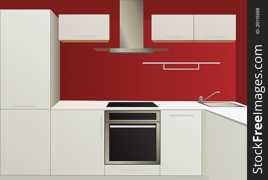 White and red kitchen with household appliances