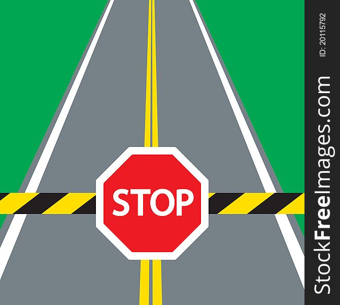Road barrier and traffic sign STOP. Traveling illustration.