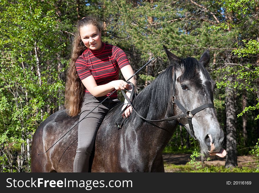 Beautiful girl on a black horse in a forest. Beautiful girl on a black horse in a forest