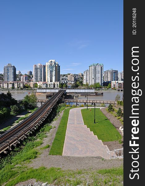City scenery with buildings and rail in New westminster