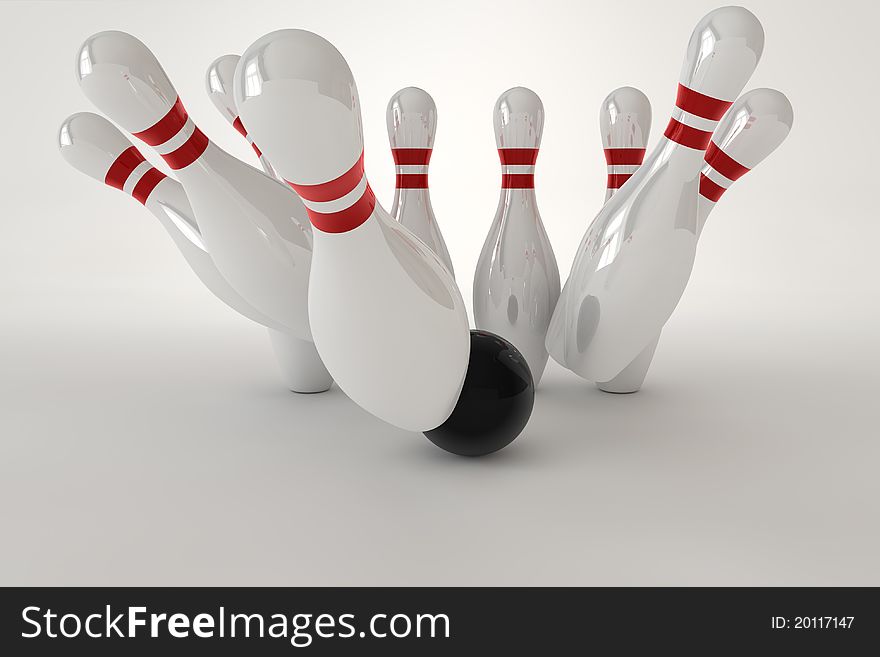 3D render of a bowling pins with light at the gray background