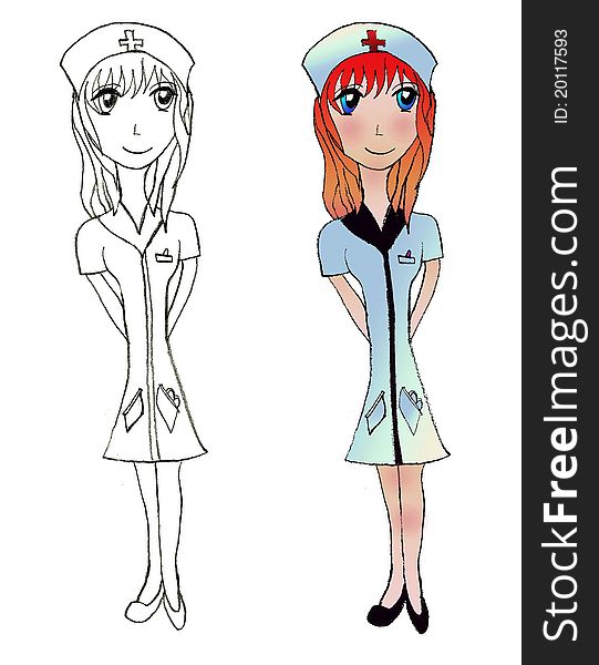 A Red-haired young girl in her nurses outfit. A Red-haired young girl in her nurses outfit.