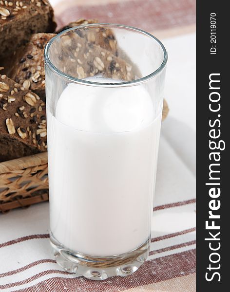 Glass of milk and cut bread