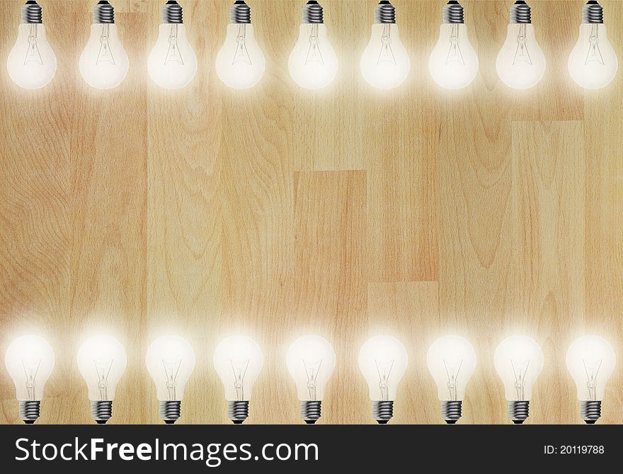 Art work of wood floor and light bulbs frames