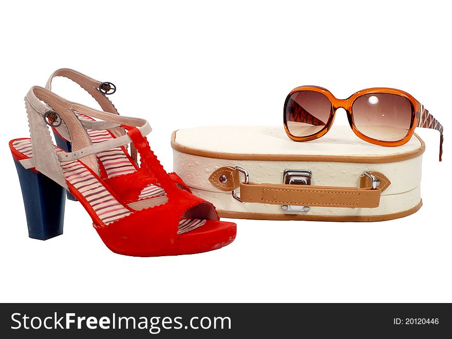 Beautician, shoes and sun glasses over white