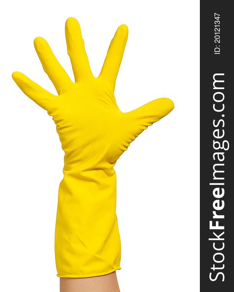 Woman hand in yellow glove isolated on white background. Woman hand in yellow glove isolated on white background