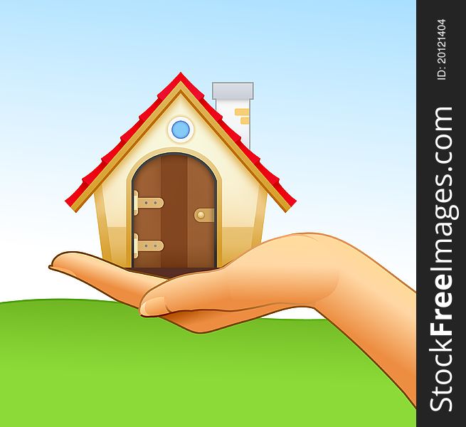 Womanâ€™s hand is holding small beautiful house. Womanâ€™s hand is holding small beautiful house