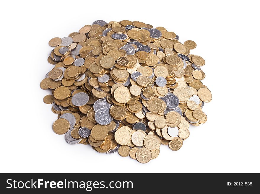 Heap of ukrainian coins isolated on white background