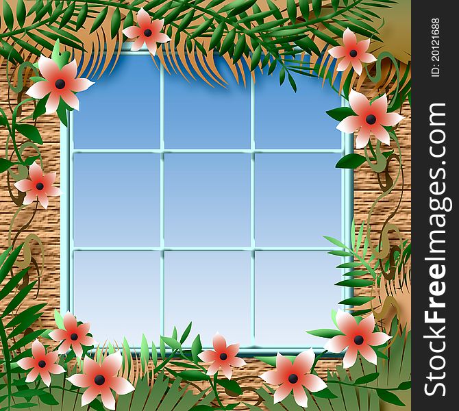 Tropical hibiscus flowers and vines around a window illustration. Tropical hibiscus flowers and vines around a window illustration