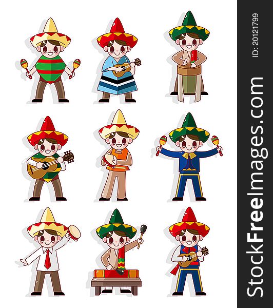 Cartoon Mexican music band icon set, drawing