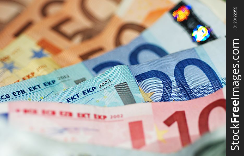 Macro Shot Of Euro Banknotes Focus On 20