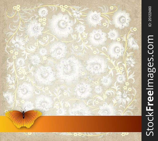 Abstract grunge beige background with butterfly and flowers. Abstract grunge beige background with butterfly and flowers