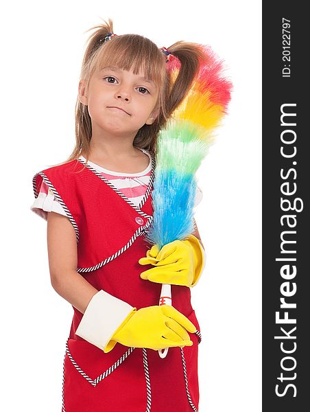 Portrait of beautiful little housewife with colorful duster isolated on white background.