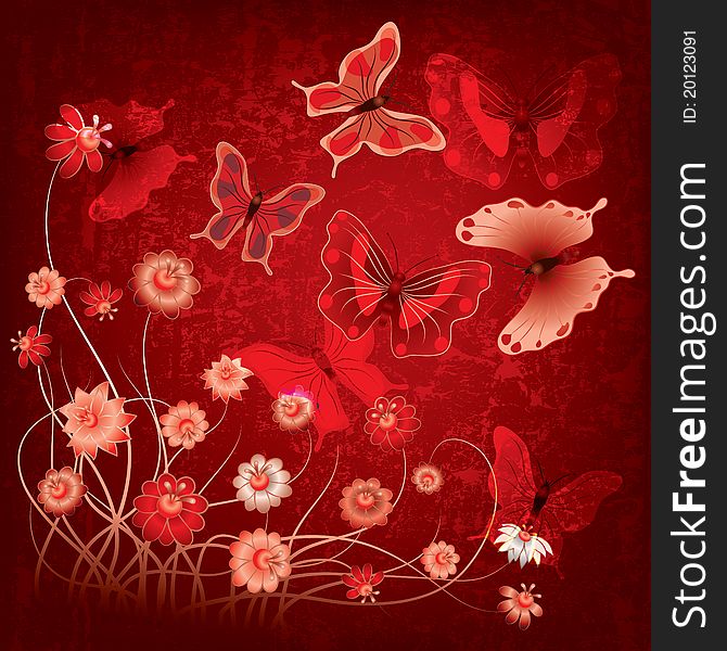 Abstract grunge illustration with butterflies and flowers on red. Abstract grunge illustration with butterflies and flowers on red