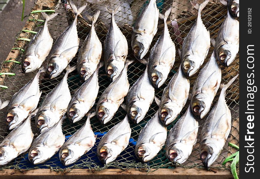 Raw fish dried on net in market