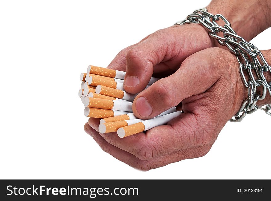 Man hands with cigarette isolated on a white background