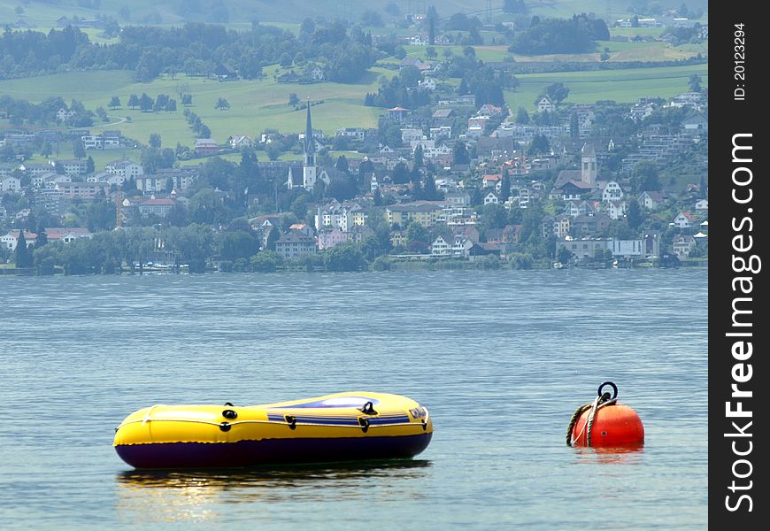 Picture showing the town of Richterswil from the opposite side of the lake zurich - taken at StÃ¤fa with a rubber boat. Picture showing the town of Richterswil from the opposite side of the lake zurich - taken at StÃ¤fa with a rubber boat