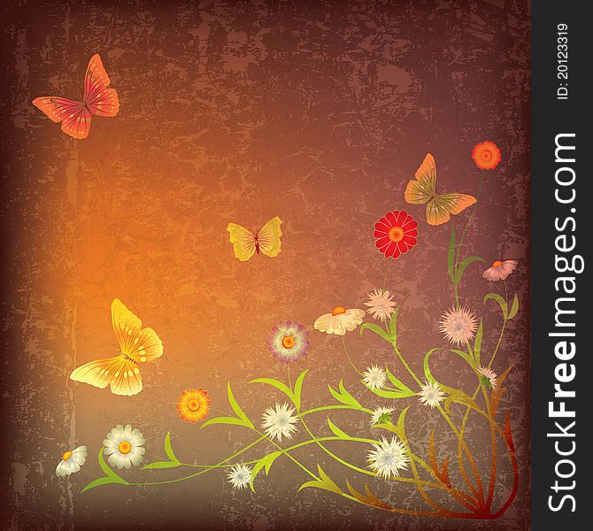 Abstract grunge illustration with flowers and butterfly on brown. Abstract grunge illustration with flowers and butterfly on brown