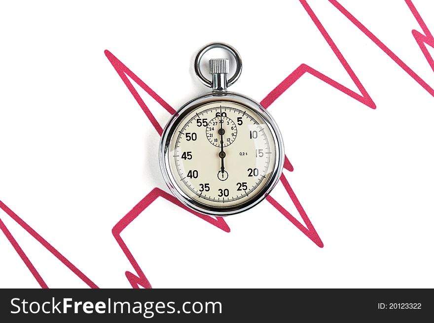 Stopwatch and cardiogram results isolated on a white background