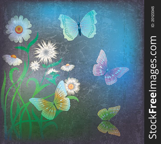 Abstract illustration with flowers and butterfly