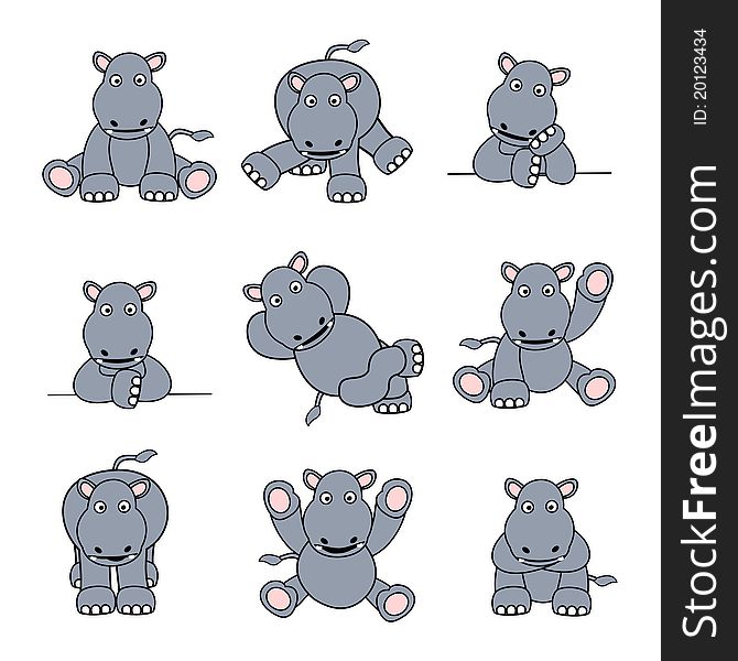 Illustration set of 9 cute cartoon hippos. Illustration set of 9 cute cartoon hippos