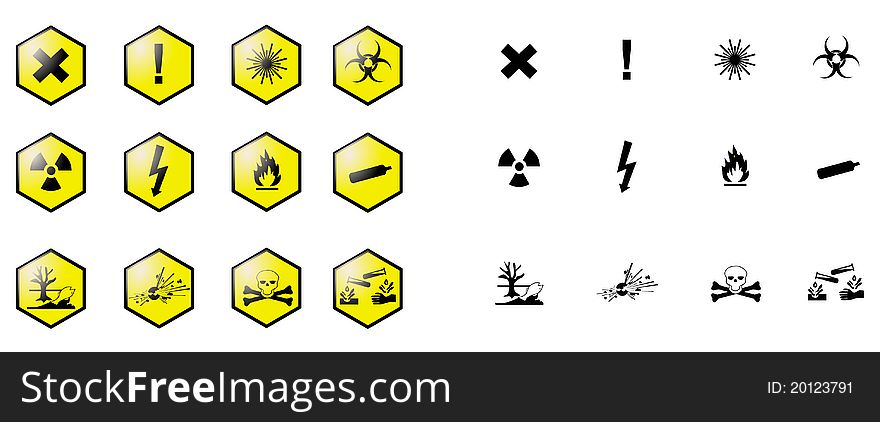 12 chemical pictograms, yellow hexagonal background and no background set.