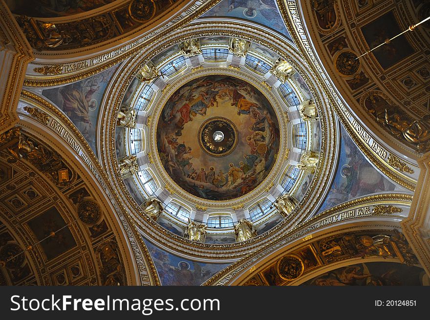 Sankt Petersburg landmark Isaac cathedral highest central dome with frescoes and mosaic from inside. Sankt Petersburg landmark Isaac cathedral highest central dome with frescoes and mosaic from inside