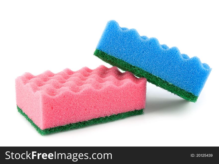 Two colored sponges isolated on a white background