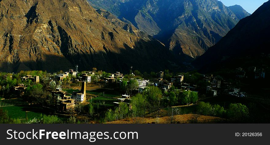 Tibetan national minority village in a mountainous