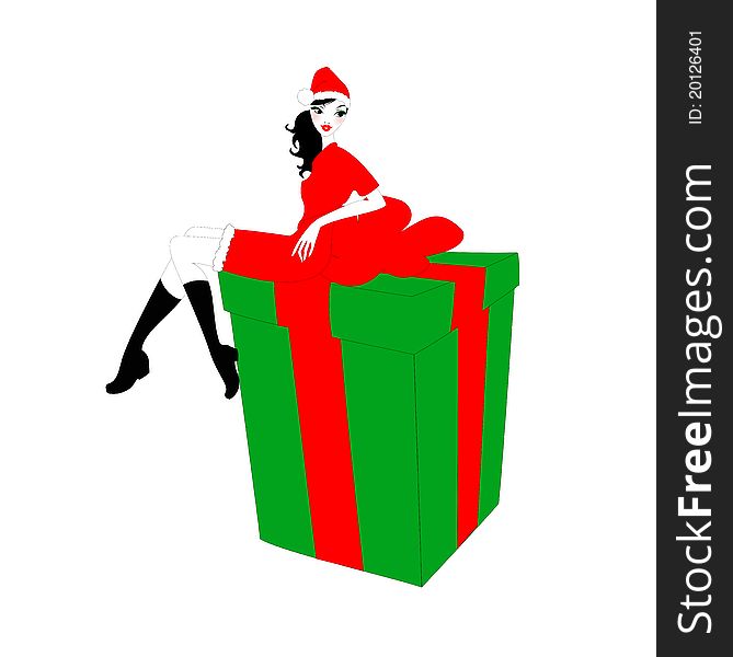 Vector illustration of beautiful young woman in a santa clause costume, sitting on the gift box. Vector illustration of beautiful young woman in a santa clause costume, sitting on the gift box