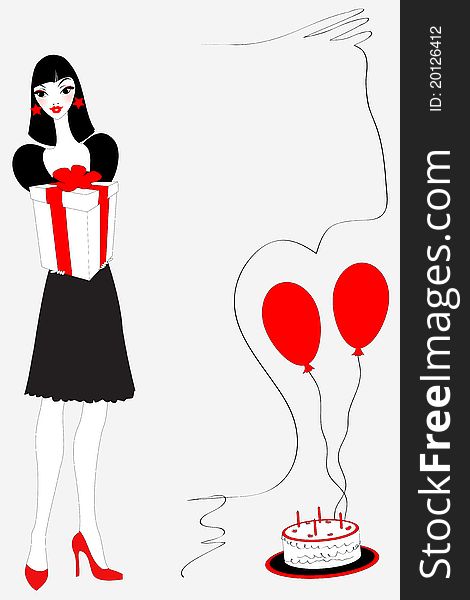 Vector illustration of funky birthday gteeeting card with beautiful girl