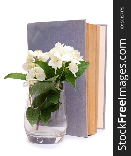 Color photo of an old book and a bouquet of jasmine