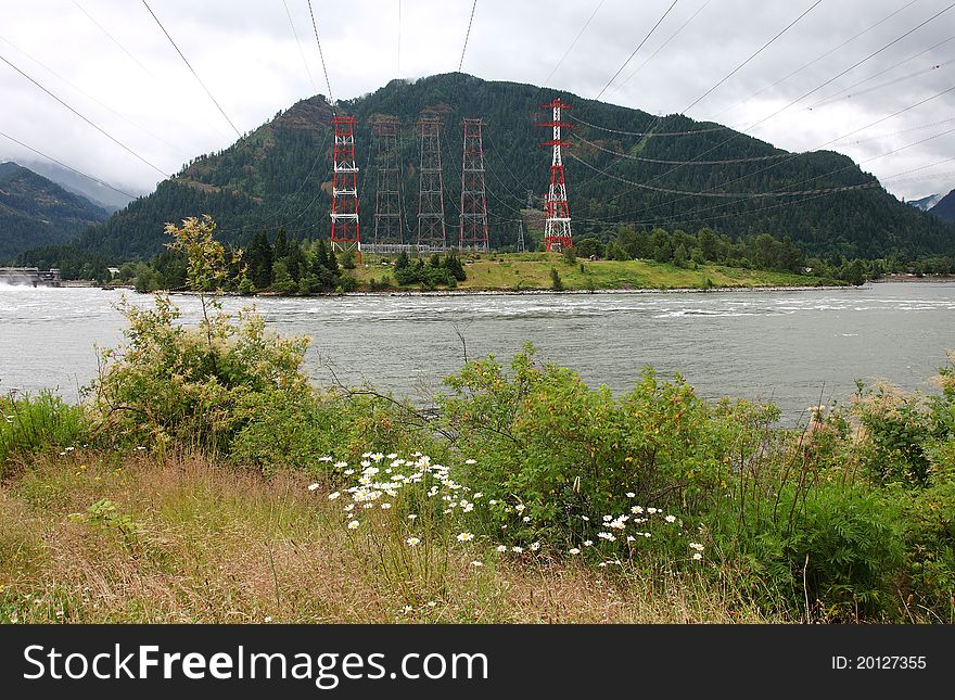 Electricity towers, Columbia river gorge Oregon.