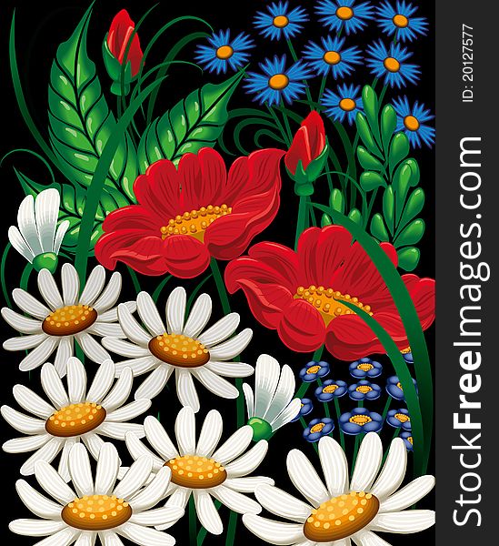 Floral composition with set flower and herb on black background. Floral composition with set flower and herb on black background