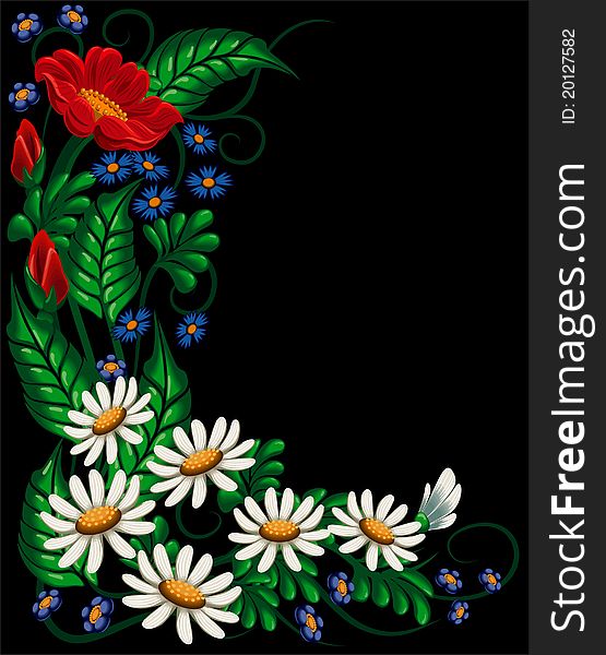 Floral composition with set flower and herb on black background. Floral composition with set flower and herb on black background