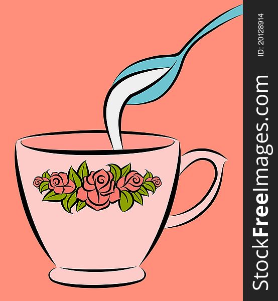 Bowl and spoon with milk.illustration for a design