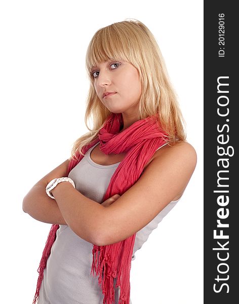 Girl with pink scarf on a white