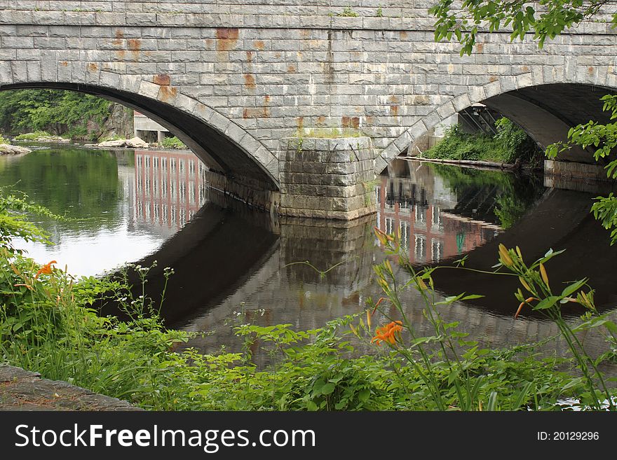 Bridge over river reflections flora