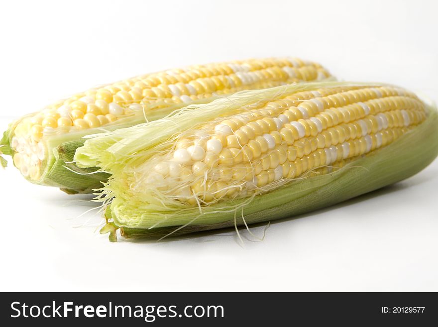 Closeup of biological corn on white background