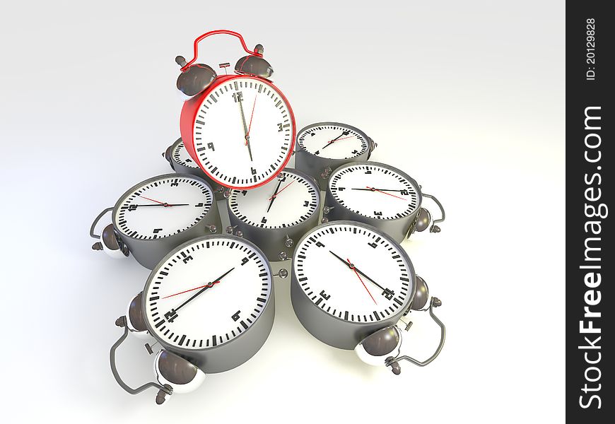 3d illustration of red alarm clock pointing at six and sitting on top of a lot of clock. 3d illustration of red alarm clock pointing at six and sitting on top of a lot of clock